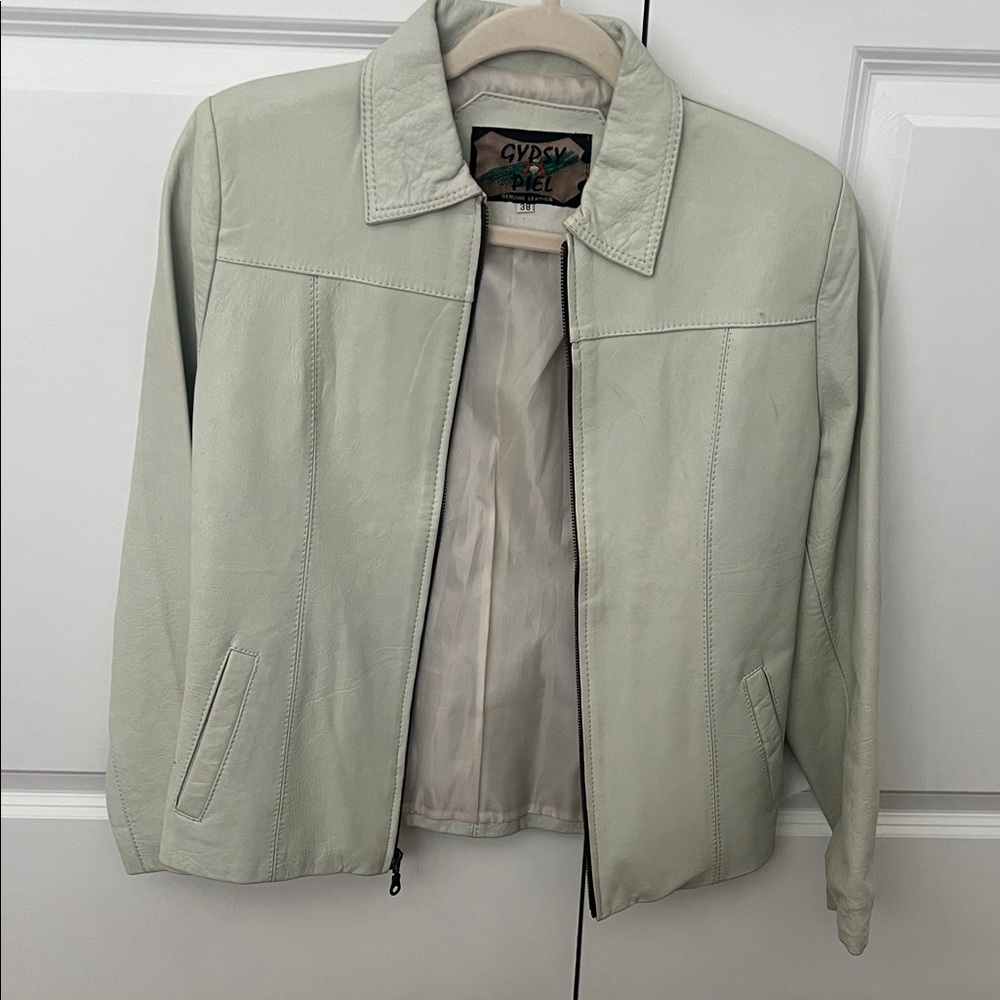 Pale Green Leather Jacket for Women